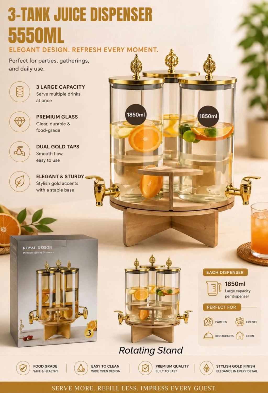 3 Tank Juice Dispenser(Rotatable) (Wooden Stand)