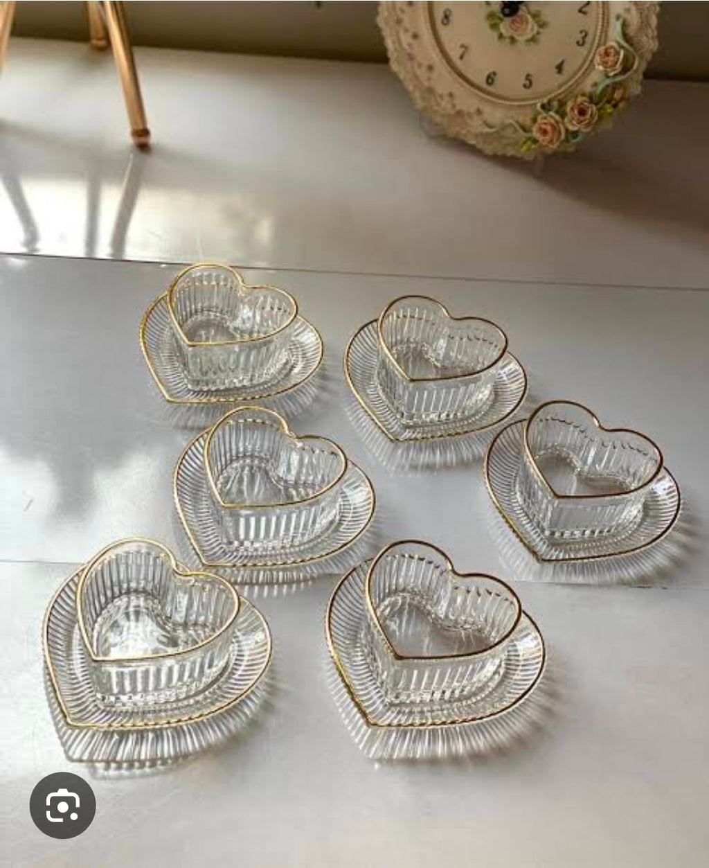 Heart Shaped Dessert Bowl & Saucer with Gold Rim (12 pc)