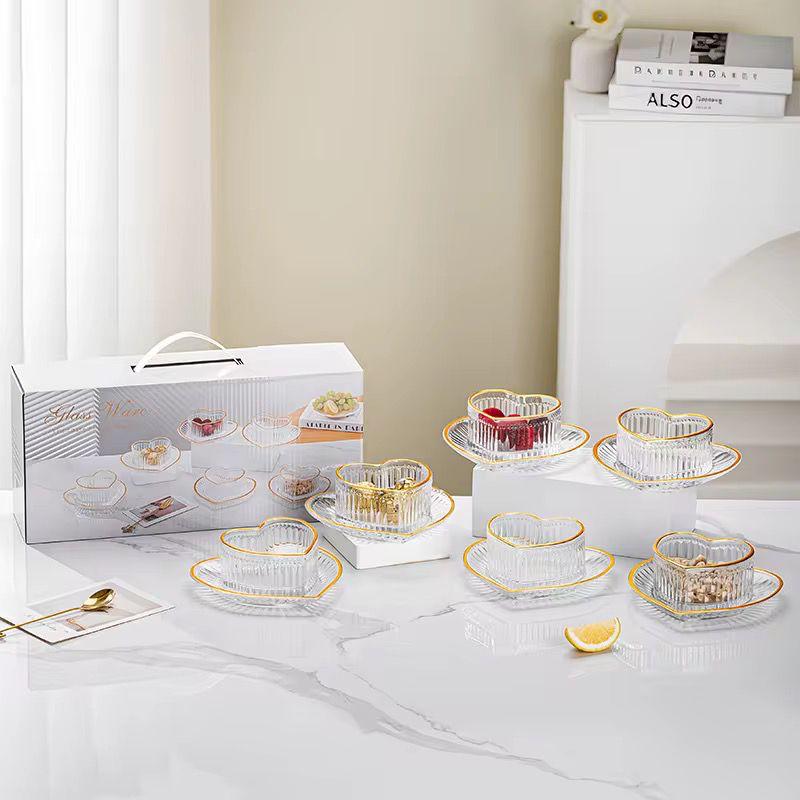 Heart Shaped Dessert Bowl & Saucer with Gold Rim (12 pc)